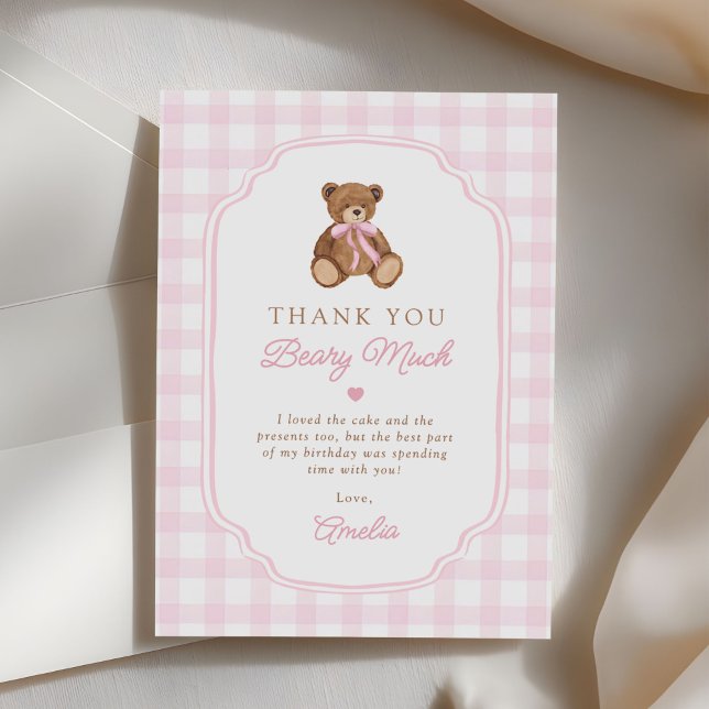 Tarjeta De Agradecimiento Oso de peluche de gingham rosa cumpleaños primer c (Subido por el creador)