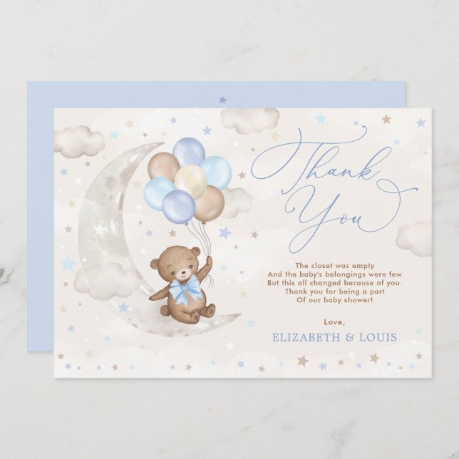 Tarjeta De Agradecimiento Oso de peluche en la luna con globos azul marrón (Anverso / Reverso)