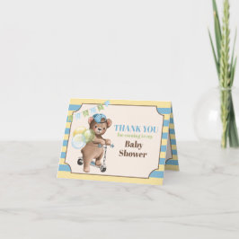 Tarjeta De Agradecimiento Oso de peluche en Scooter, Baby Shower a rayas