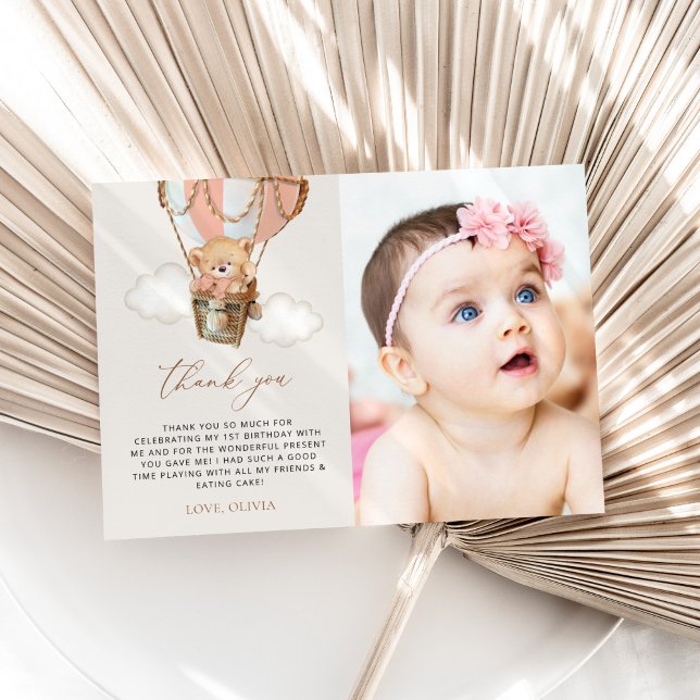 Tarjeta De Agradecimiento Oso de peluche, globo de aire caliente rosado, pri (Subido por el creador)