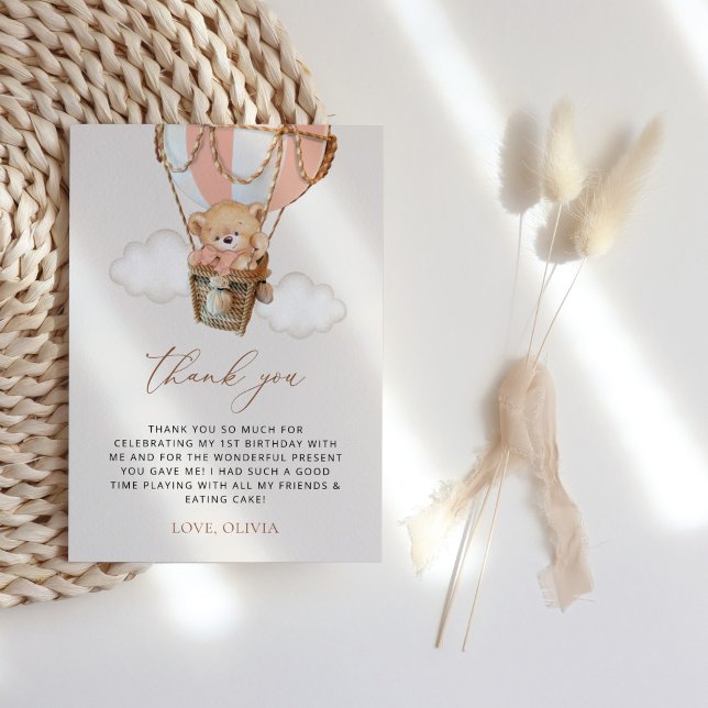 Tarjeta De Agradecimiento Oso de peluche, globo de aire caliente rosado, pri (Subido por el creador)