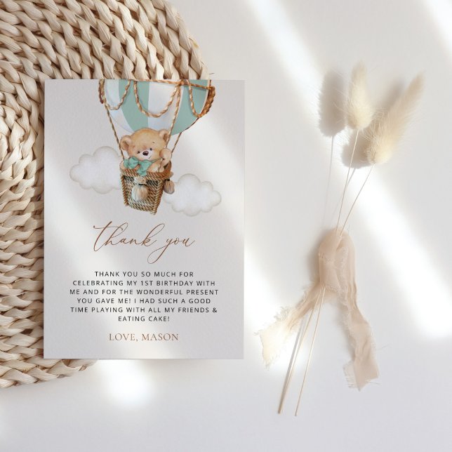 Tarjeta De Agradecimiento Oso de peluche, globo de aire caliente verde, prim (Subido por el creador)