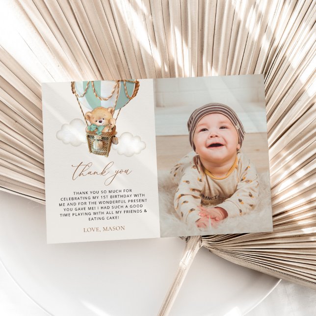 Tarjeta De Agradecimiento Oso de peluche, globo de aire caliente verde, prim (Subido por el creador)