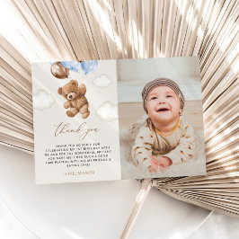 Tarjeta De Agradecimiento Oso de peluche, globos azules, primer cumpleaños