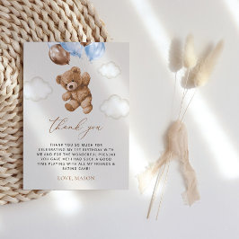 Tarjeta De Agradecimiento Oso de peluche, globos azules, primer cumpleaños