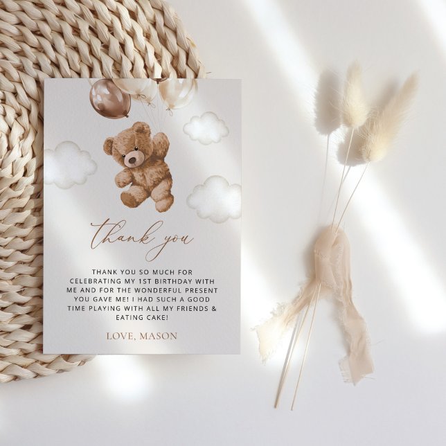 Tarjeta De Agradecimiento Oso de peluche, globos marrones, primer cumpleaños (Subido por el creador)