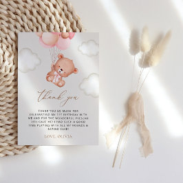 Tarjeta De Agradecimiento Oso de peluche, globos morados, primer cumpleaños