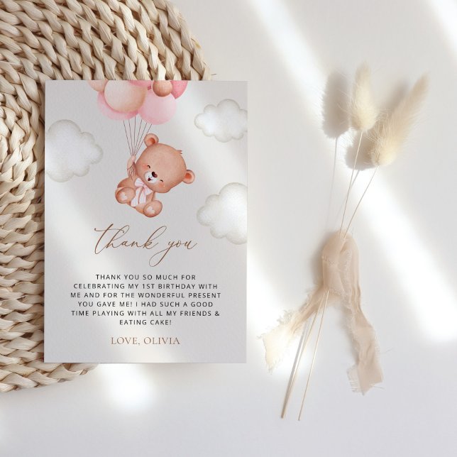 Tarjeta De Agradecimiento Oso de peluche, globos morados, primer cumpleaños (Subido por el creador)