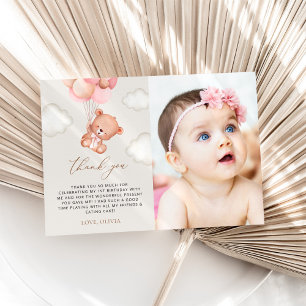 Tarjeta De Agradecimiento Oso de peluche, globos morados, primer cumpleaños