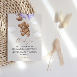 Tarjeta De Agradecimiento Oso de peluche, globos morados, primer cumpleaños