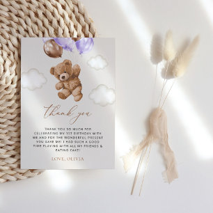 Tarjeta De Agradecimiento Oso de peluche, globos morados, primer cumpleaños
