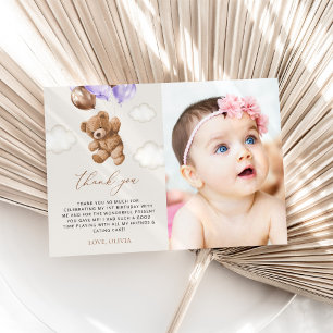 Tarjeta De Agradecimiento Oso de peluche, globos morados, primer cumpleaños