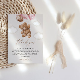 Tarjeta De Agradecimiento Oso de peluche, globos rosados, primer cumpleaños