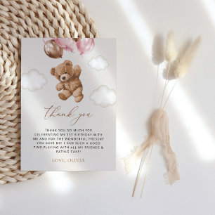 Tarjeta De Agradecimiento Oso de peluche, globos rosados, primer cumpleaños