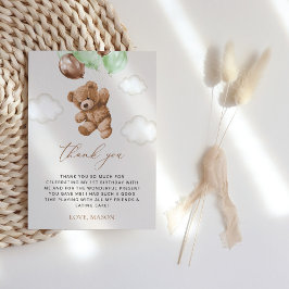 Tarjeta De Agradecimiento Oso de peluche, globos verdes, primer cumpleaños