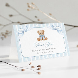 Tarjeta De Agradecimiento Oso de peluche, lazo azul, rayas azules, primer cu