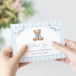 Tarjeta De Agradecimiento Oso de peluche, lazo azul, rayas azules, primer cu