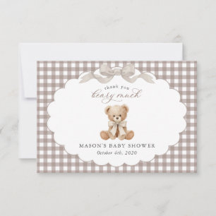 Tarjeta De Agradecimiento Oso de peluche, lazo beige, gingham marrón, fiesta