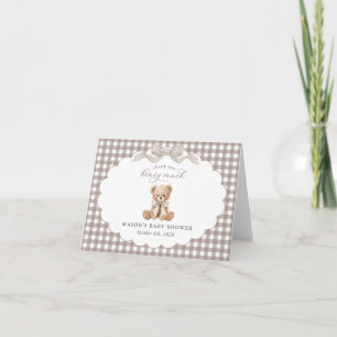 Tarjeta De Agradecimiento Oso de peluche, lazo beige, gingham marrón, fiesta