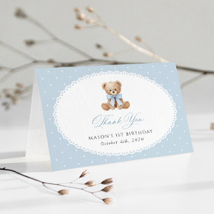 Tarjeta De Agradecimiento Oso de peluche, lazo, lunares azules, primer cumpl