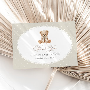 Tarjeta De Agradecimiento Oso de peluche, lazo, lunares beige, fiesta de beb