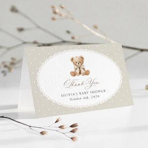 Tarjeta De Agradecimiento Oso de peluche, lazo, lunares beige, fiesta de beb