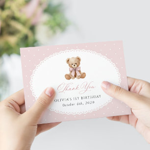 Tarjeta De Agradecimiento Oso de peluche, lazo, lunares rosados, primer cump