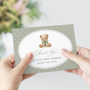 Tarjeta De Agradecimiento Oso de peluche, lazo, lunares verdes, fiesta de be