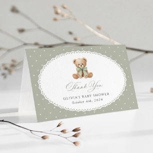 Tarjeta De Agradecimiento Oso de peluche, lazo, lunares verdes, fiesta de be