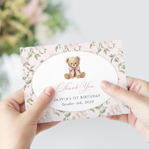 Tarjeta De Agradecimiento Oso de peluche, lazo rosa, flores rosas, primer cu