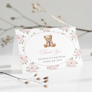 Tarjeta De Agradecimiento Oso de peluche, lazo rosa, flores rosas, primer cu