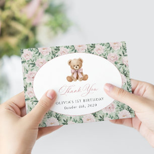 Tarjeta De Agradecimiento Oso de peluche, lazo rosa, flores rosas, primer cu