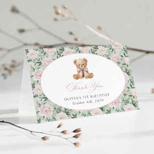 Tarjeta De Agradecimiento Oso de peluche, lazo rosa, flores rosas, primer cu