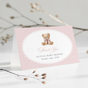 Tarjeta De Agradecimiento Oso de peluche, lazo rosa, lunares rosas, fiesta d