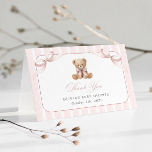 Tarjeta De Agradecimiento Oso de peluche, lazo rosa, rayas rosas, fiesta de 