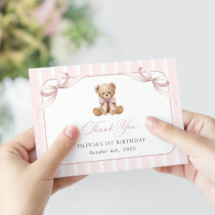 Tarjeta De Agradecimiento Oso de peluche, lazo rosa, rayas rosas, primer cum