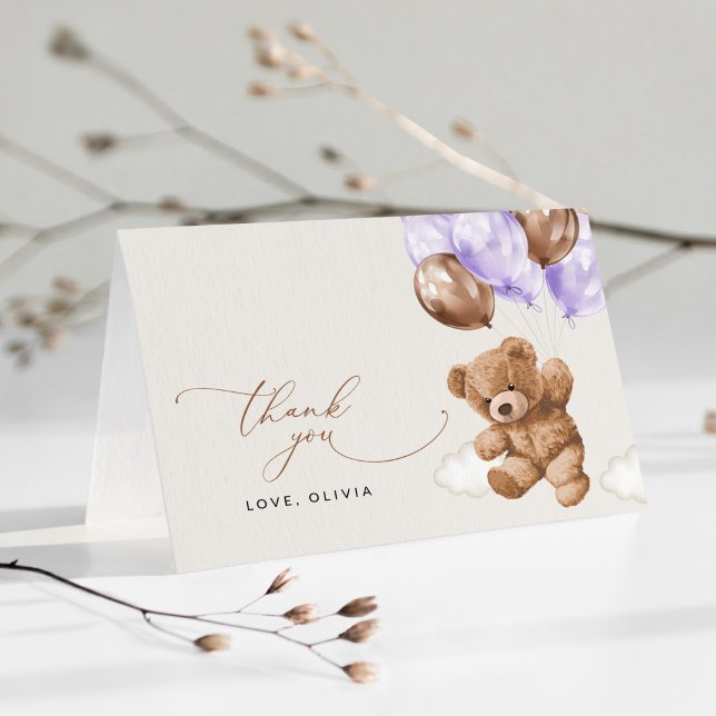 Tarjeta De Agradecimiento Oso de peluche, oso de bebé, globo morado, Baby Sh (Subido por el creador)
