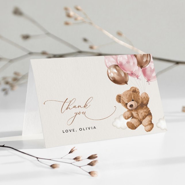 Tarjeta De Agradecimiento Oso de peluche, Oso de bebé, globos rosados, Baby  (Subido por el creador)