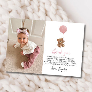 Tarjeta De Agradecimiento Oso de peluche rosa Cumpleaños número uno Foto Gra