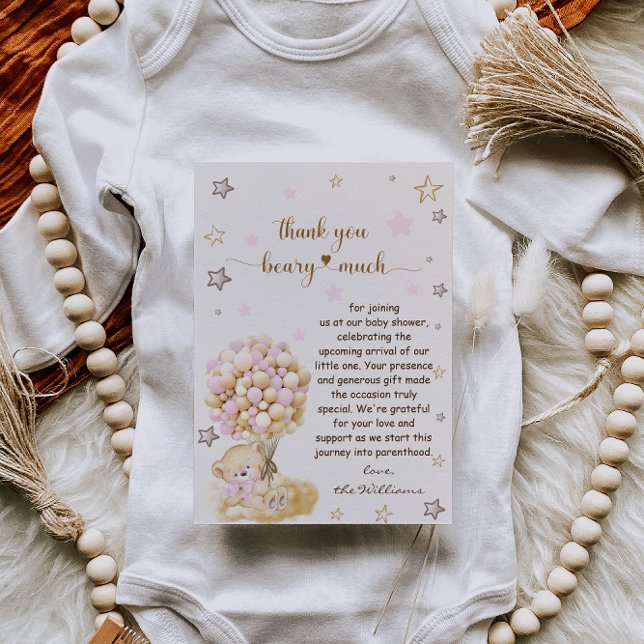 Tarjeta De Agradecimiento Oso de Teddy con globos rosados Baby Shower (Subido por el creador)