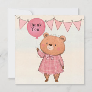 Tarjeta De Agradecimiento Oso de vestido rosado fresco con globo rosa