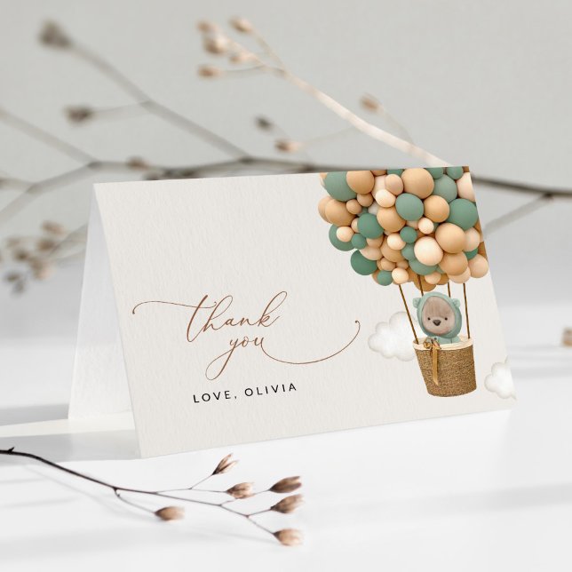 Tarjeta De Agradecimiento Oso, globos verdes, globo de aire caliente, Baby S (Subido por el creador)