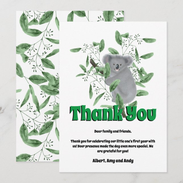 Tarjeta De Agradecimiento Oso Koala Lindo Trepando a un Árbol de Eucalipto (Anverso / Reverso)