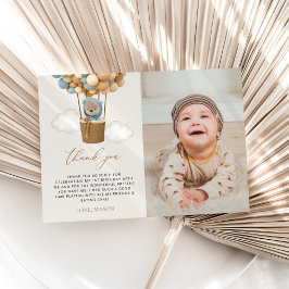 Tarjeta De Agradecimiento Oso lindo, globos azules, primer cumpleaños