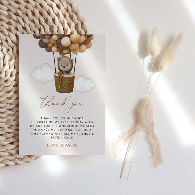 Tarjeta De Agradecimiento Oso lindo, globos marrones, primer cumpleaños (Subido por el creador)