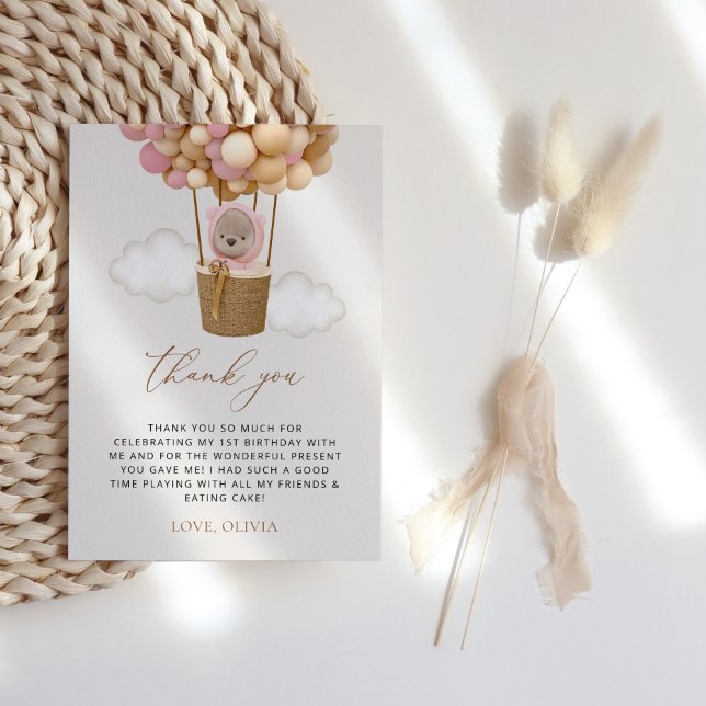 Tarjeta De Agradecimiento Oso lindo, globos rosados, primer cumpleaños (Subido por el creador)