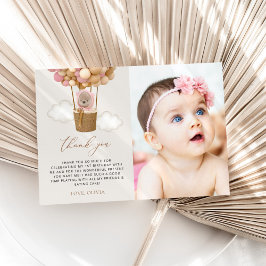 Tarjeta De Agradecimiento Oso lindo, globos rosados, primer cumpleaños