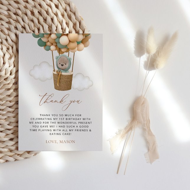 Tarjeta De Agradecimiento Oso lindo, globos verdes, primer cumpleaños (Subido por el creador)