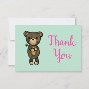 Tarjeta De Agradecimiento Oso marrón lindo con flor amarilla gracias