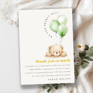 Tarjeta De Agradecimiento Oso Verde Neutral Esperando Globo Baby Shower